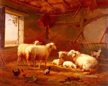 Hausgeflügel Werke - Schaf mit Hühnern und einer Ziege in einer Scheune Eugene Verboeckhoven Tier